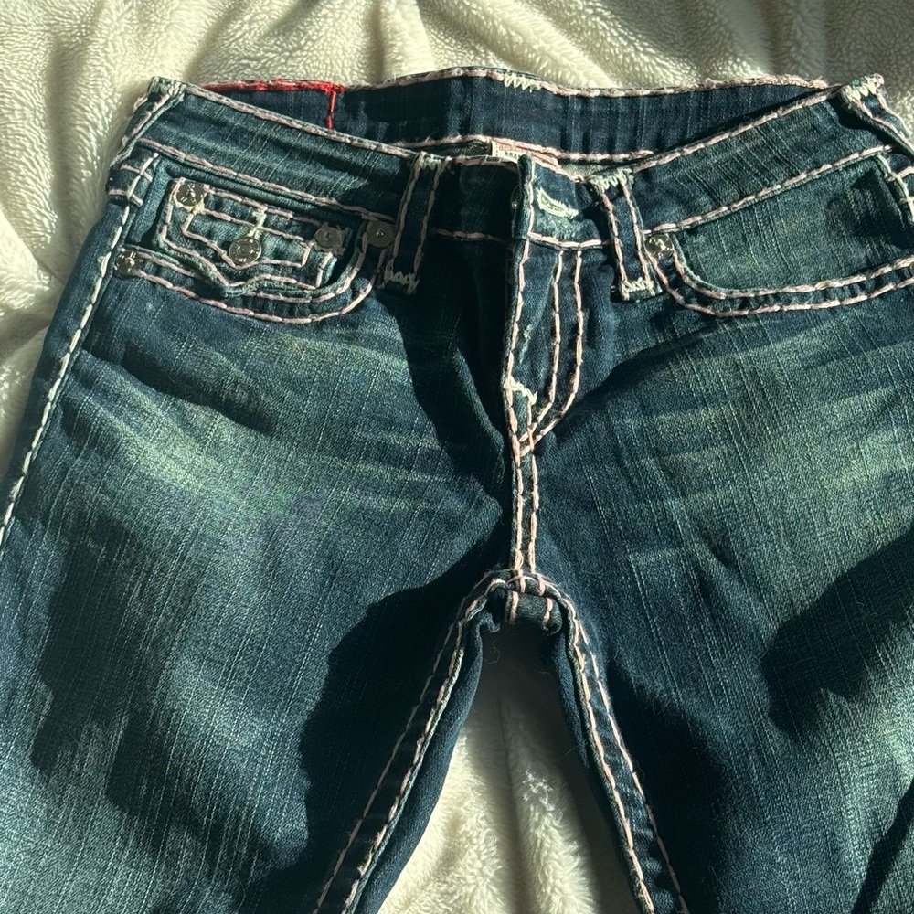True Religion Blue and Pink Distressed Denim Jeans